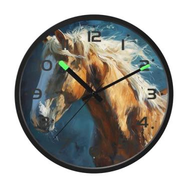 Imagem de SEHANY Relógio de parede artístico majestoso cavalos silencioso, sem tique-taque, relógio redondo operado por bateria, controle de som, luz noturna, relógios de parede para sala de estar, cozinha