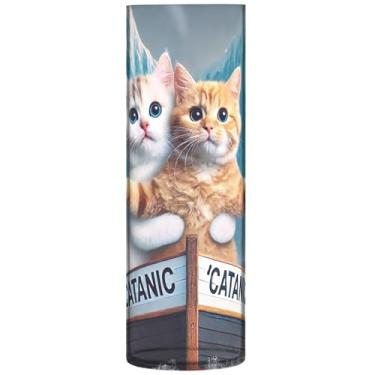Imagem de Gatos impressão Titanic Kitten Vaso de plástico grande vaso cilíndrico fofo vaso de flores vasos exclusivos para decoração de casa, 30 cm x 9,9 cm