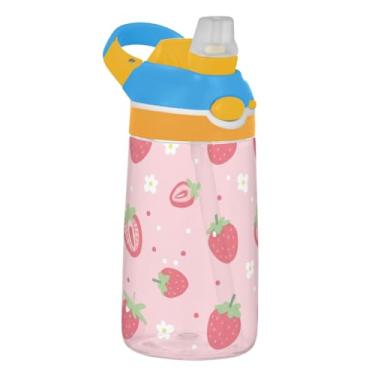 Imagem de Linda garrafa de água floral de morangos rosa infantil 473 ml Tritan garrafa de água de plástico à prova de vazamento com tampa de canudo 473 ml copo infantil portátil reutilizável, alça de transporte