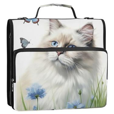 Imagem de Fichários de 3,8 cm com 3 anéis, resistente, fofo, gato Ragdoll, com zíper, bolsa escolar com alça de ombro, portfólio de trabalho e estojo para pasta de anel