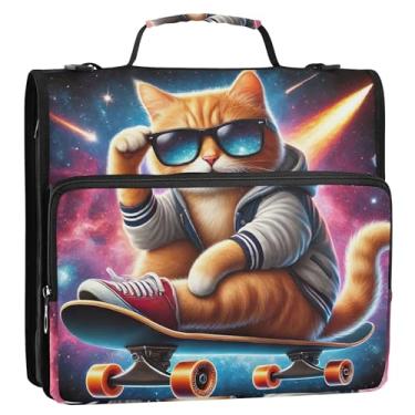 Imagem de Organizador de fichário de tecido com zíper de 3,8 cm, 3 anéis, portfólio de skate, gato, comporta 500 folhas com alça de ombro para escola