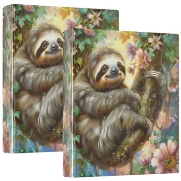 Imagem de Fichários de 3 anéis com flores de preguiça florais personalizadas, 3 anéis, comporta 200 folhas, fichário de caderno, com estampa de anel redondo, 31,5 x 27 x 6 cm, 1 pacote