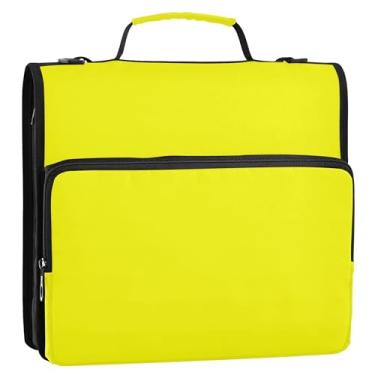 Imagem de Fichários amarelos brilhantes de 3,8 cm com 3 anéis com zíper, bolsa organizadora com alça para portfólio escolar e suporte de pasta de anel
