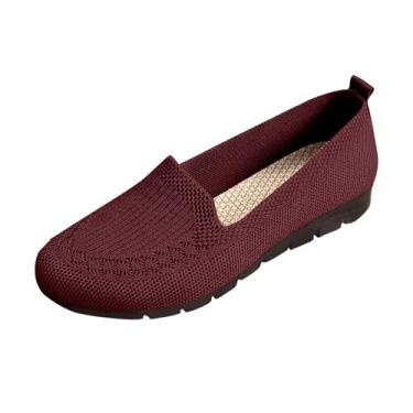 Imagem de Sapatos rasos femininos de malha respirável para primavera e outono com sola antiderrapante e design de bico redondo confortável, Vermelho, 39
