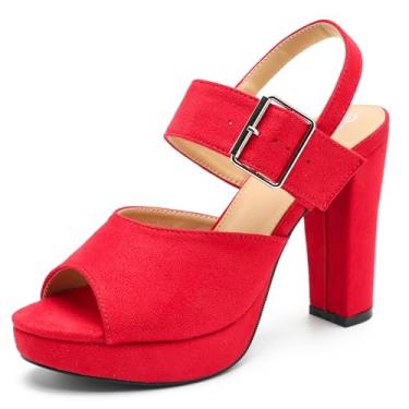 Imagem de Enelauge Sandália feminina plataforma de salto alto grossa peep toe tira no tornozelo fivela salto bloco vestido noiva casamento festa noite sapatos, Camurça vermelha, 36