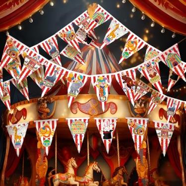Imagem de Hahafelt 6 peças de decoração de bandeira de circo de carnaval faixa listrada vermelha e branca com 12 designs coloridos de circo, decorações de festa de carnaval para pendurar no teto