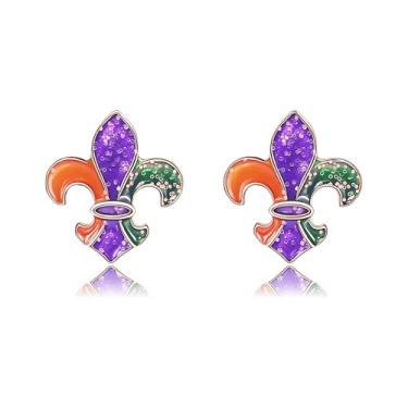 Imagem de Brincos femininos de carnaval de carnaval com purpurina, delicada, compacta, máscara de flor, chapéu, lábios, berloque, verde, roxo, dourado, carnaval, acessórios de joias para mulheres, Small, Metal