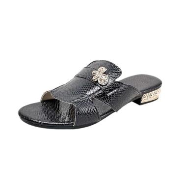 Imagem de Sandálias femininas de salto baixo com aberturas casuais plus size elegantes versáteis slides primavera verão moda PU, Preto, 36