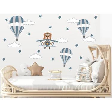 Imagem de adesivo de parede urso aviador azul noturno e cinza balões decoração q