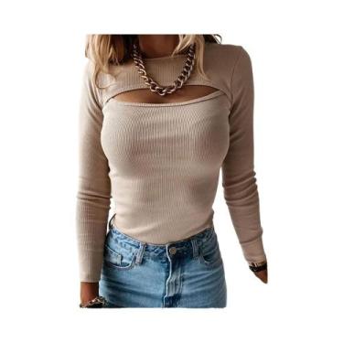 Imagem de Camiseta Feminina De Malha De Manga Longa Slim Fit Com Decote Redondo 