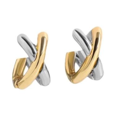 Imagem de Brincos Huggie Pequenos Cruzados Em Ouro E Prata Para Mulheres, Mini P