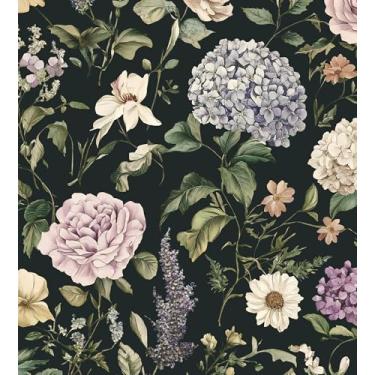 Imagem de HeloHo Papel de parede floral vintage boho papel de contato flor escura autoadesivo removível papel de parede botânico amigável para locatários para armários quarto rolos de vinil 44 x 199 cm