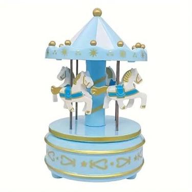 Imagem de Caixa de música de carrossel musical, cavalo giratório, estatueta decorativa rosa e azul, topo de bolo, presente de aniversário para crianças (azul)