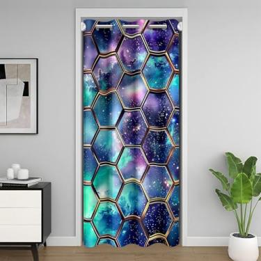 Imagem de Cortina de porta abstrata favo de mel privacidade, glitter estrelas galáxia espaço sideral cortina blackout para porta de armário, hexágono geométrico verde azul nebulosa janela cortina 1 painel, 132