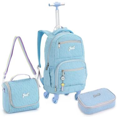 Imagem de Kit Mochila 4 Rodas Estojo Lancheira Escolar Menina Jeans-Feminino