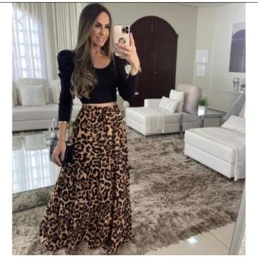 Imagem de Saia feminina  onça estampada longa - Amora mora , Azul claro, G