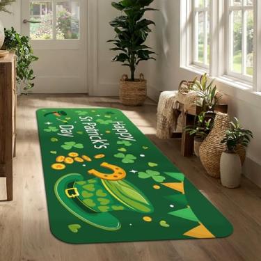 Imagem de Tapete de corredor do dia de São Patrício 43 x 129 cm, tapete de entrada da sorte trevo verde, tapete de porta longo antiderrapante para corredor, cozinha, porta da frente, decoração sazonal de casa