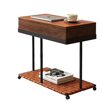 Imagem de Mesa lateral moderna moderna com rodas, mesa de canto móvel com bandeja giratória e cesta de armazenamento oculta, mesa lateral com prateleira de armazenamento, para sofá, cozinha, sala de estar e