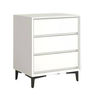 Imagem de Mesa de cabeceira moderna vintage minimalista madeira cor sólida armazenamento três gavetas grande capacidade móveis de cabeceira prático (branco)