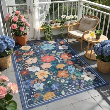 Imagem de Ruaruarug Tapetes de área florais, antiderrapantes laváveis na máquina, resistentes ao desgaste, ultramacios para sala de estar/quarto/cozinha/sala de aula, azul, 1,8 m x 2,5 m