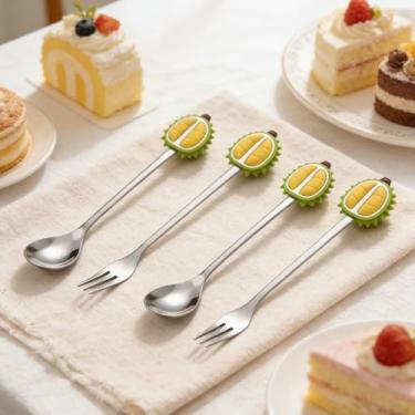 Imagem de Conjunto criativo de garfo e colher em formato de fruta para comer sobremesas, frutas e muito mais – garfos e colheres de jantar de aço inoxidável, conjunto de utensílios de mesa de frutas, artigos