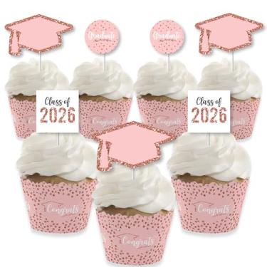 Imagem de Big Dot of Happiness Rose Gold Grad – Decoração de cupcake – 2021 Embalagem para cupcake e petiscos – Conjunto com 24