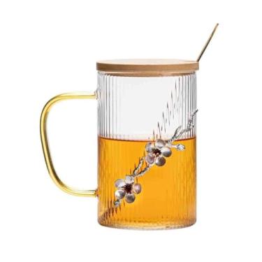 Imagem de x3anggyt5 Canecas de vidro listradas verticais com decoração de flor de ameixa, copos de vidro borossilicato de 450 ml com alça e tampa