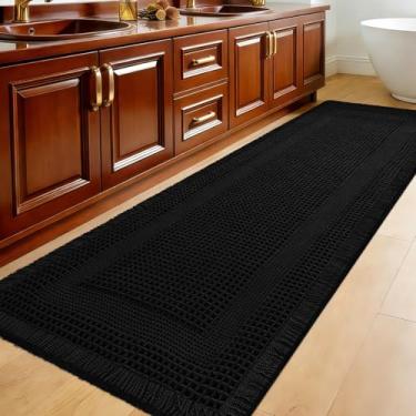 Imagem de Tapete de banheiro waffle extragrande, 1,8 m x 5 cm, laço preto, super absorvente, antiderrapante, secagem rápida, tapetes de banheiro com borlas, laváveis na máquina, tapetes de banheiro ultra macios