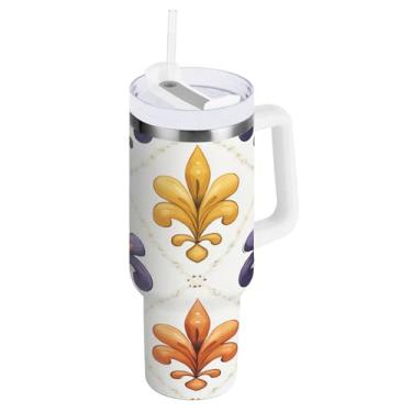 Imagem de Blueangle Copo isolado para Mardi Gras de 1,134 g com alça e tampa de palha, caneca de viagem reutilizável de aço inoxidável (128)