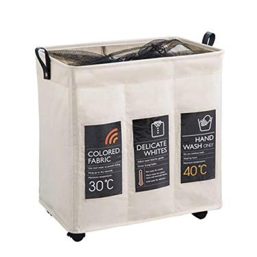 Imagem de Cesto de Lavanderia Rolling Slim com 3 Compartimentos Rodas Universais e Alça Roupa Suja Plegável Têxtil Oxford Cordão Malha Organizador 4 Varetas Suporte 6 Cartões Classificação