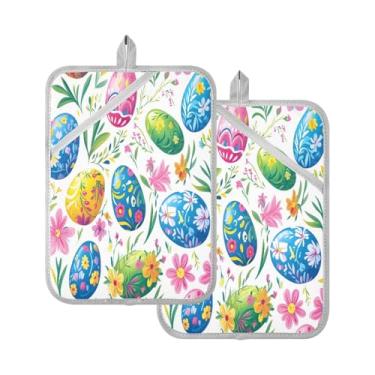 Imagem de STAYTOP Pacote com 2 lindos pegadores de panela de ovos de Páscoa, almofadas quentes de forno resistentes ao calor com bolsos, conjuntos de suportes de panela antiderrapantes para cozinha, assar e