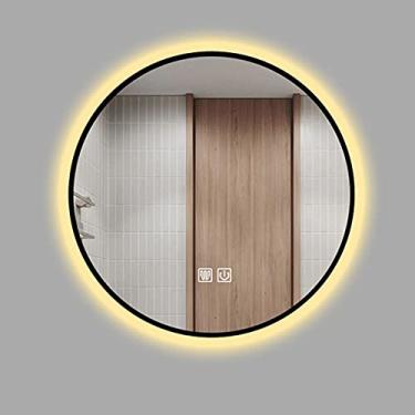 Imagem de Espelho de banheiro redondo de LED, espelho de maquiagem antiembaçamento montado na parede, brilho ajustável, luz branca/luz quente, moldura preta, 50 cm/60 cm/70 cm/80 cm, toque duplo