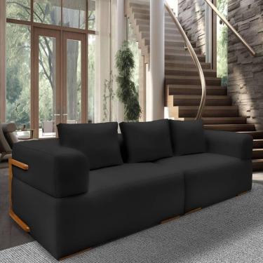 Imagem de Sofá 4 Lugares 3,00m Em Tecido Veludo Com Aplique Em Madeira – Scott Lucadi Preto