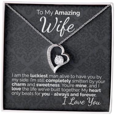 Imagem de Zahlia Colar de esposa ideia de presente que ela vai adorar – Joias românticas com cartão de mensagem e caixa de presente para aniversário, Natal ou Dia dos Namorados, Standard, Ouro Aço inoxidável