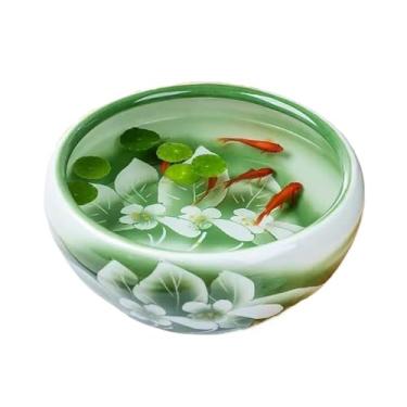 Imagem de Tanque de peixes de cerâmica com acabamento de lótus verde pintado à mão moderno para mesa Fortune Goldfish Turtle Feeding Tank Ceramic Round Planter Display (41 x 41 x 17 cm)
