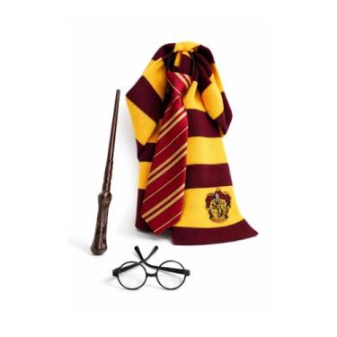 Imagem de Kit Cosplay Gryffindor com Cachecol Listrado Bordado, Gravata com Zíper, Varinha Mágica com Som e Óculos Redondos, 4 Peças, Marrom e Amarelo