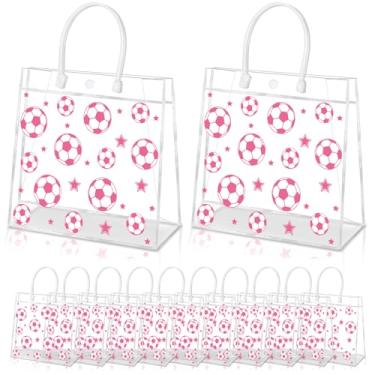 Imagem de HYMENEX 24 peças de sacos de presente de futebol rosa, bolsas de presente de futebol rosa com alças PVC transparente tema esportivo bolsa de festa para competição de equipe, dia de jogo, aniversário