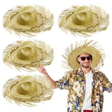 Imagem de Patelai 4 peças de chapéu de palha Havaí chapéu Pava Porto Rico Pava espantalho acessório de fantasia chapéus de praia para fantasia de Halloween, Azul ciano, tamanho �nico