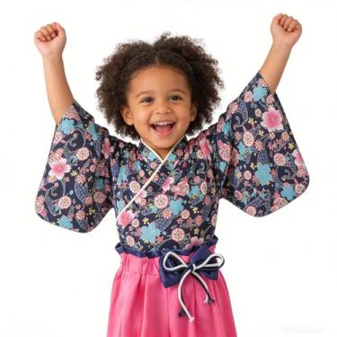 Imagem de Fantasia de quimono para meninas, conjunto de roupas de samurai para crianças, vestido de princesa japonês, fantasia de Halloween, cosplay, capa azul marinho