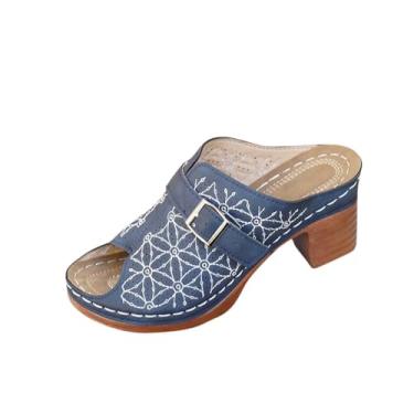 Imagem de Sandálias femininas bordadas com fivela de metal e salto grosso Peep Toe para um visual elegante, Azul marino, 38