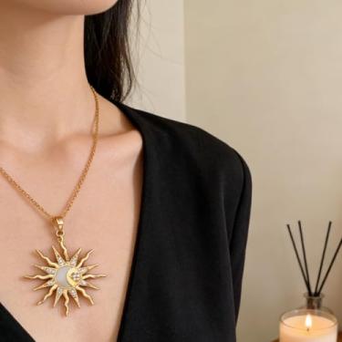 Imagem de Colar feminino banhado a ouro 14K com pingente de sol e lua delicada, corrente gargantilha moderna, presente de aniversário e dia dos namorados para ela, standard, Metal, Sem Pedra Preciosa