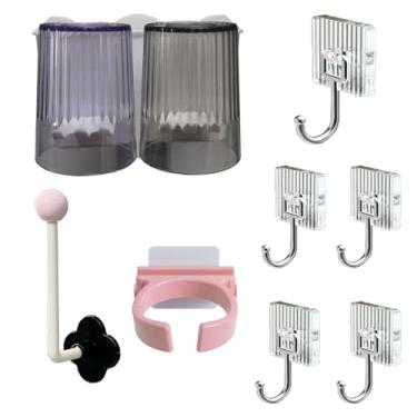 Imagem de Conjunto de 8 acessórios para banheiro com organizador de scrunchie, suporte para secador de cabelo, 2 compartimentos, suportes de escova de dentes e ganchos de toalha de mão autoadesivos para