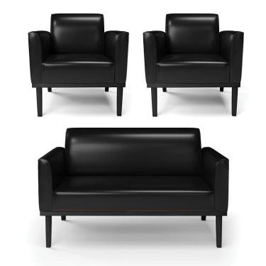 Imagem de Conjunto 2 Poltronas e 1 Namoradeira Decorativa Isabella Pés Fixo em Madeira PU Preto Brilho G19 - Gran Belo