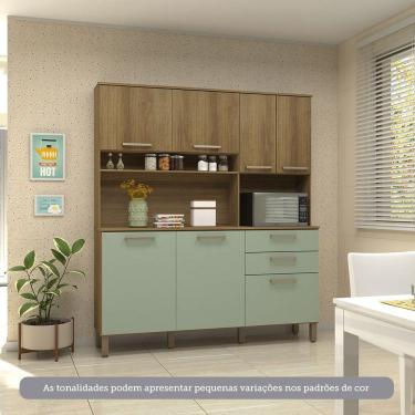 Imagem de Cozinha Compacta 7 Portas E 2 Gavetas Com Tampo Luciane Móveis Carvalho Avelã Verde Mar