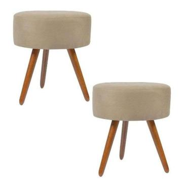 Imagem de Kit 2 Puff Banqueta Redondo Para Sala Recepção Suede Bege Pés Palito