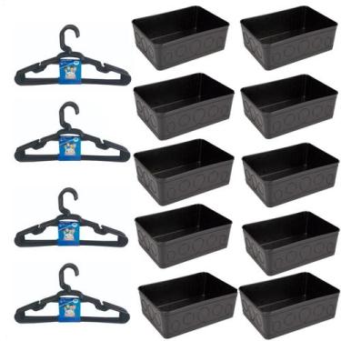 Imagem de Kit 10 Cestos Multiuso Decorativo e 20 Cabides Infantis Preto - 123 Or