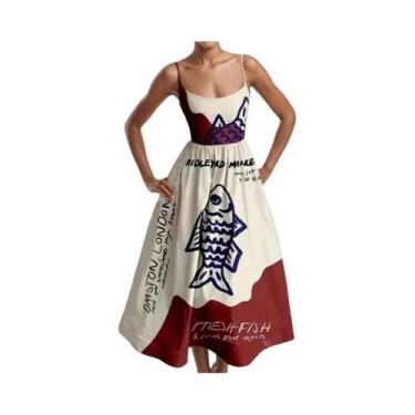 Imagem de Vestido Maxi Estampado Peixe Oceano Azul Para Mulheres, Sexy, Com Alça