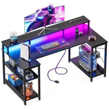 Imagem de Mesa Gamer em U ODK 122 cm com Luzes LED e Tomadas Elétricas, Suporte para Monitor e Prateleiras de Armazenamento, Acabamento Fibra de