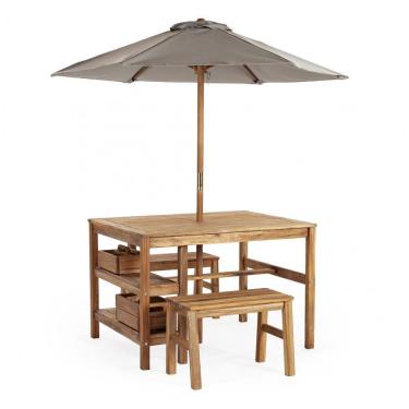 Imagem de Mesa de atividades infantil externa com bancos e guarda-sol Martha Stewart Kids Natural em madeira acácia com nichos e acessórios