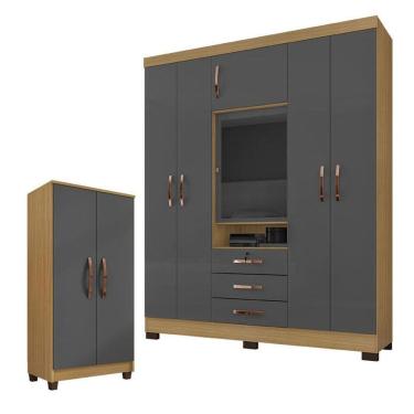 Imagem de Guarda Roupa Casal Imperial com Armário Multiuso Recife Carvalho Americano Grafite – Incorplac